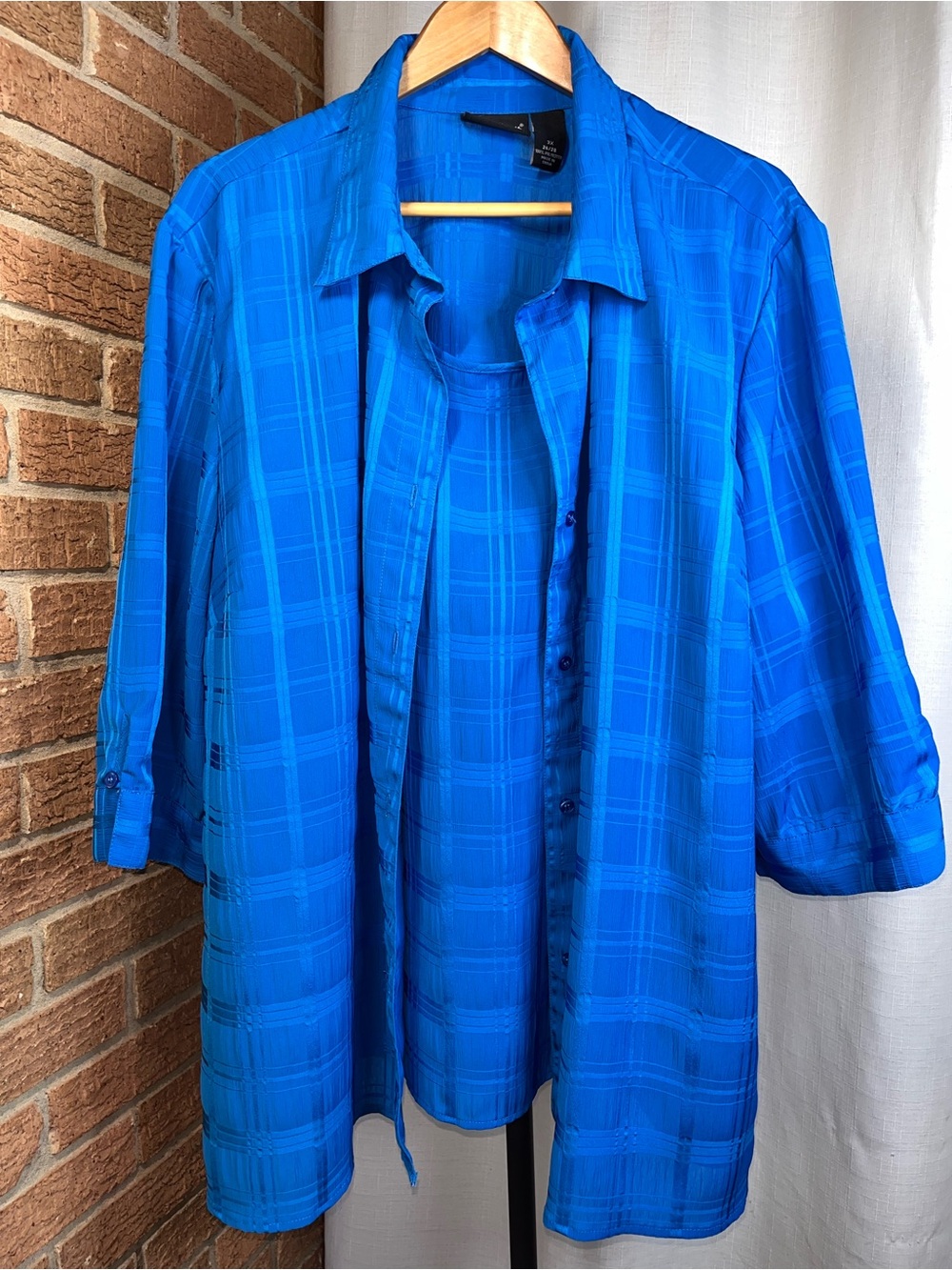 Maggie Barnes Blue Twofer Blouse 3X 26/28 Satin Matte Plaid Shirt Built-In Tank
